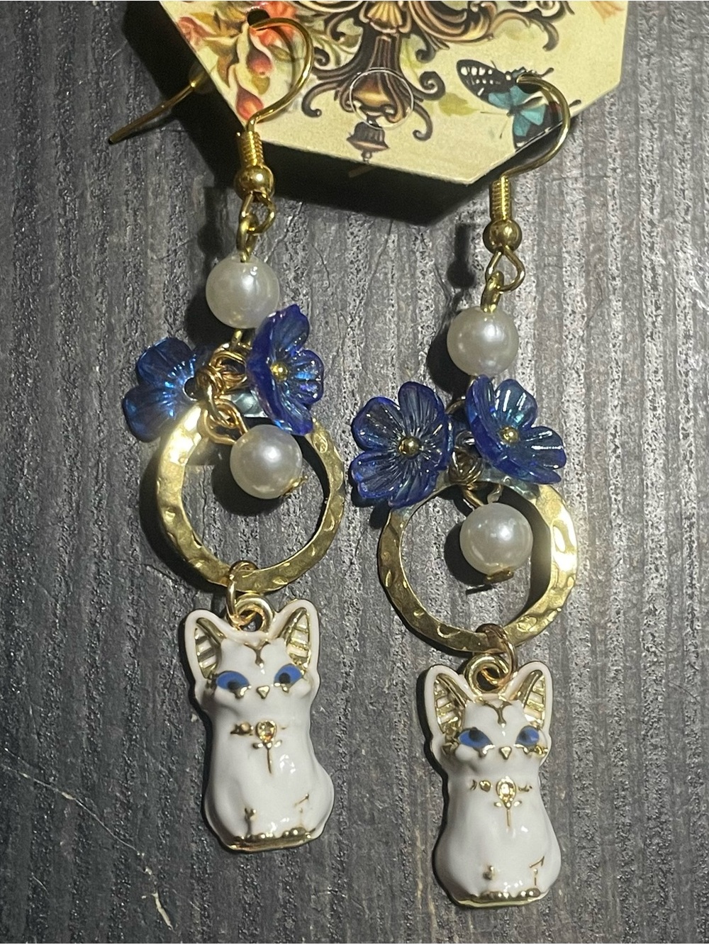 White and Blue Egyptian Bastet Cat Dangle Earrings Hand Crafted